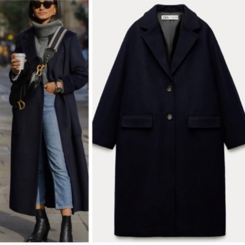 Zara Wool Blend Oversized Coat Navy  Size M-L  NWT - Picture 12 of 14
